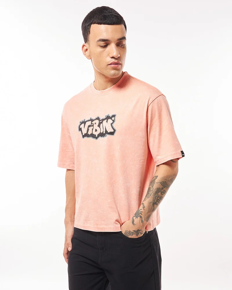 bewakoof Men's Peach Vibin Graphic Printed Oversized Acid Wash  T-shirt